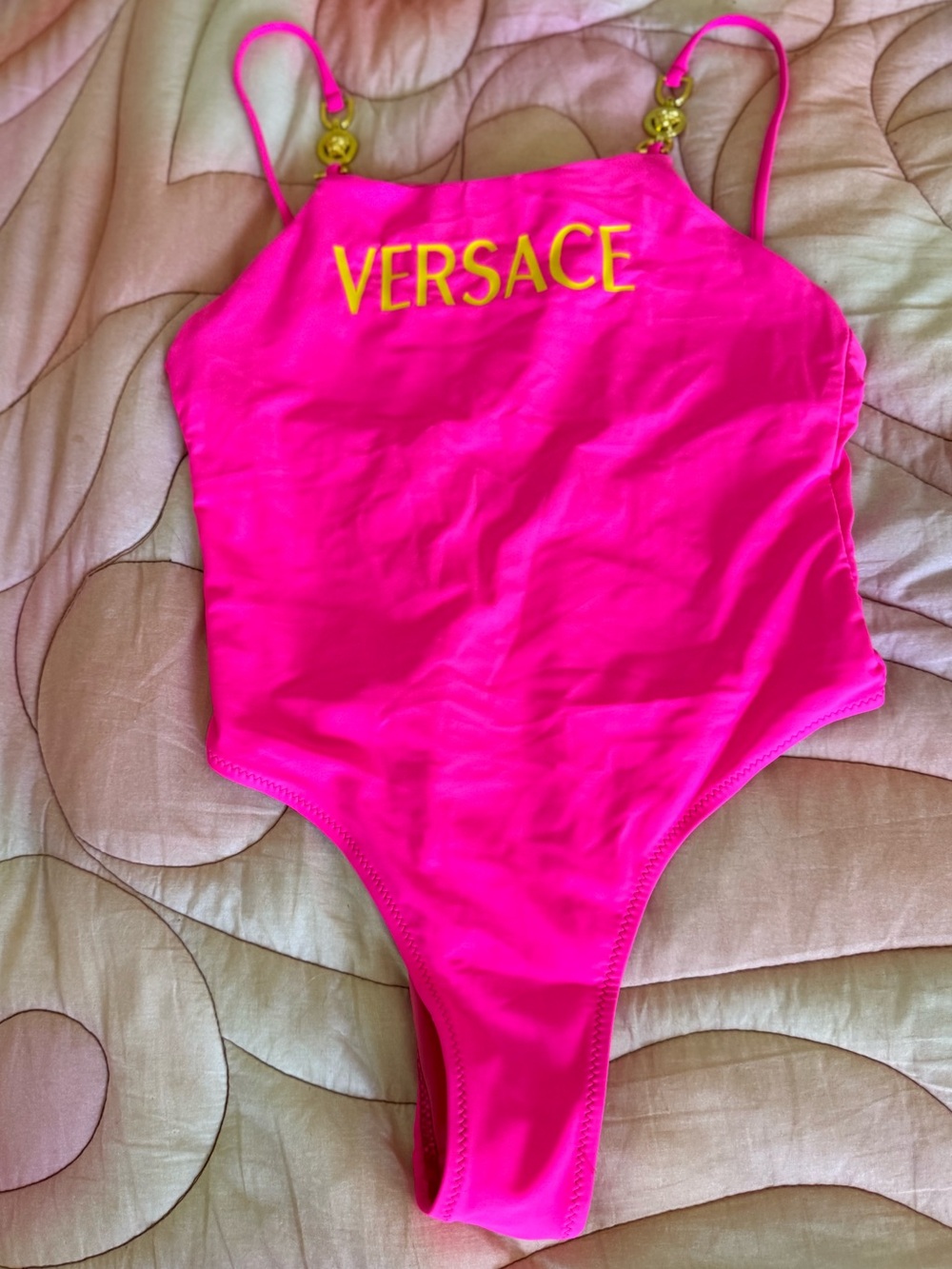 Versace Inspired Hot Pink One-Piece Swimsuit with Gold Hardware